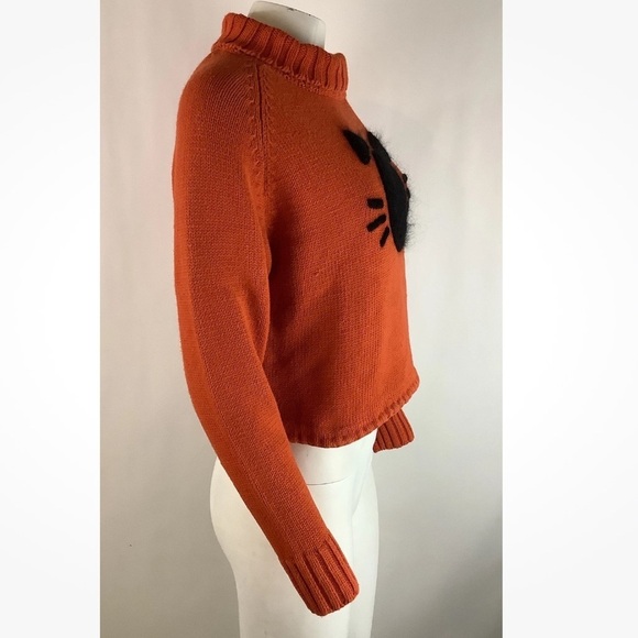 Vintage Michael Simon Sz M Cat Face Embroidered Crop Sweater Orange Ramie 90s - Picture 3 of 5
